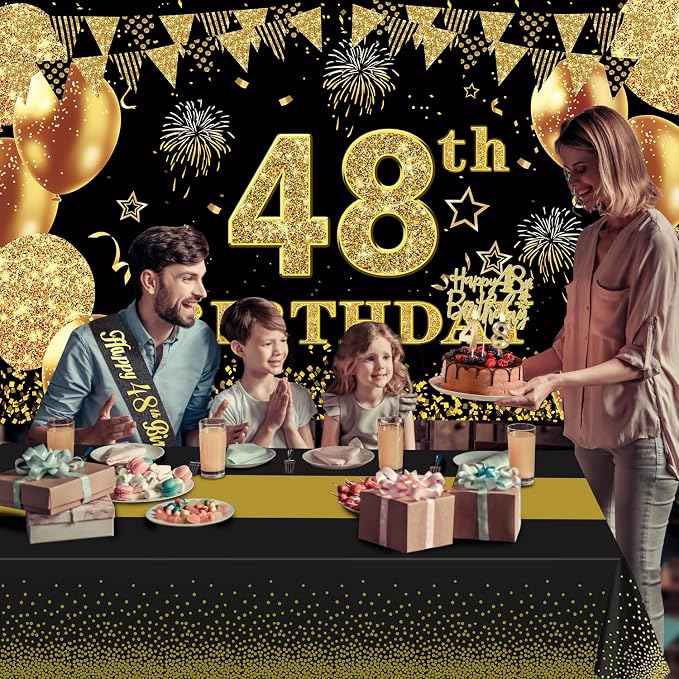 48th Birthday Decorations Men Women with 48th Birthday Banner, Black and Gold Table Cloth, Number Balloons, Large Sash, Cake Topper and Candles