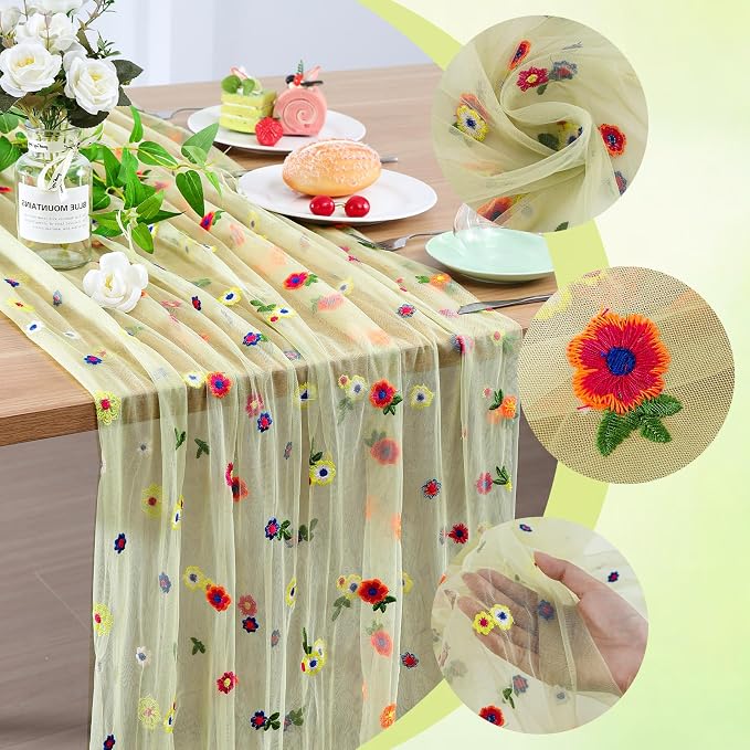 BINBE 3pcs Daisy Spring Table Runner Embroidery Gauze 10FT Florals Seasonal Tulle Holiday Birthday Kitchen Dining Table Decor for Home Party Green