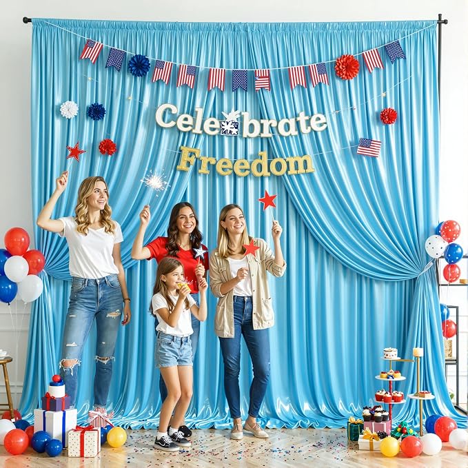 10x10ft Sky Blue Glitter Backdrop Curtain for Parties, Wrinkle Free Satin Photo Backdrop Drapes 2 Panels 5x10FT Shimmer Back Drop Cloth for Wedding Birthday Baby Shower Photography Background Decor