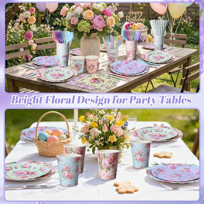 450 Pcs Vintage Floral Tableware Set Tea Party Decorations Floral Paper Plates Disposable Napkins Cups Cutlery Straws for Tea Party Mother's Day Bridal Shower Wedding Supplies, Serves 50