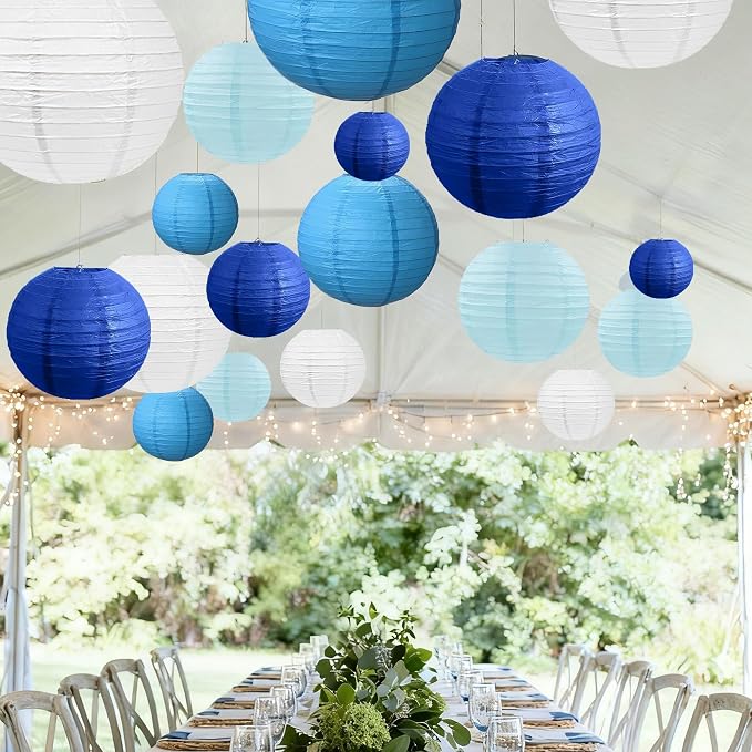 21Pcs Blue and Ivory Paper Lanterns Decorative, 6" 8" 10" Hanging Round Paper Lanterns for Bridal Shower Baby Shower Engagement Wedding Birthday Party