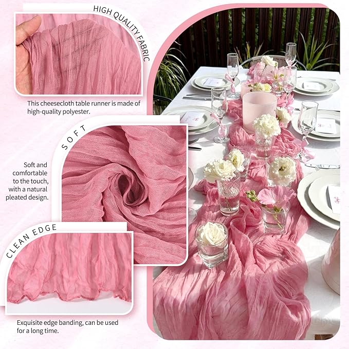 2 Pack Cheesecloth Table Runner 10FT Dusty Rose Table Runner Boho Gauze Cheese Cloth Table Runners Long Rustic Sheer Table Decorations for Wedding Party Baby Bridal Shower Birthday Holiday Home