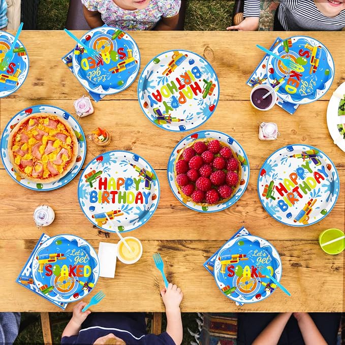 Grencian 96Pcs Summer Water Gun Party Decorations Water Gun Party Plates Disposable Let's Get Soaked Paper Tableware Set for Pool Beach Birthday Summer Splash Fun Supplies, Serves 24