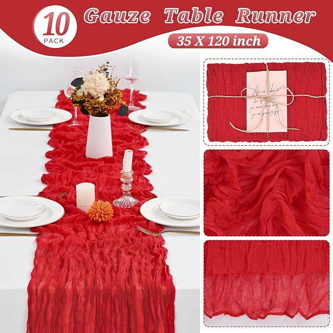 10 Pcs Red Cheesecloth Table Runner 10FT, Gauze Table Runner for Wedding Reception Sheer Bridal Shower Birthday Party Boho Table Decoration, Rustic Romantic Wedding Runner