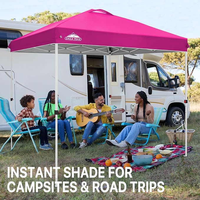 EAGLE PEAK Pop Up Canopy Tent with Wheeled Carry Bag, 8 Stakes, 4 Ropes, Easy Set Up Tent Canopy, 8x8 ft, Pink