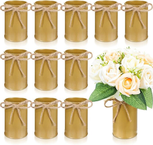 Rustic Vase for Table Centerpieces 4.33 Inch Small Petite Flower Vase with Twine Bow Vintage Farmhouse Decor for Wedding Reception Dining, Home Galvanized Metal Buckets(Gold,12 Pcs)