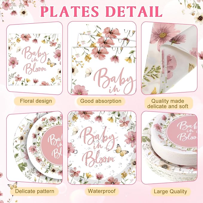 Funnymoom 400 Pcs Baby in Bloom Party Supplies for 50 Guests Pink Floral Baby Shower Paper Plates and Napkins Knives Spoon Fork Cup Disposable Wildflower Dinner Party for Spring Greenery Favor