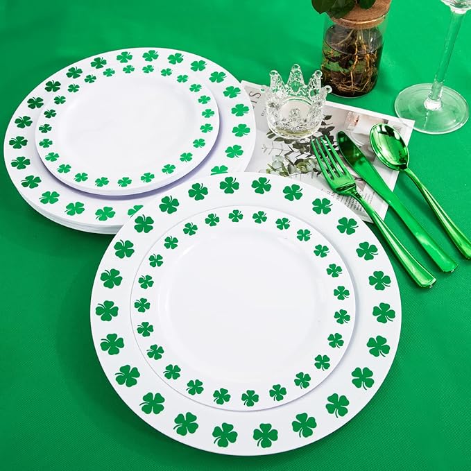 WDF 25Guest St Patrick’s Day Plates - Green Plastic Plates with Shamrock Clover & Disposable Silverware - Premium White and Green Plastic Dinnerware for St. Patrick’s Day