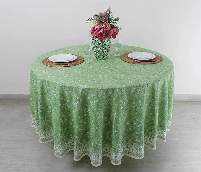 Ridhi Round Tablecloth Hand Block Print 100% Cotton Reusable Pear Green 60 Inch Table Cover Decorative Everyday Use for Dining, Home, Party, Wedding, Farmhouse, Party Gift for Spring, Mother's Day