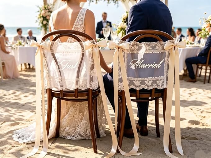 Just Married Wedding Chair Signs for Bride and Groom, Sheer Lace Back Banners with Champagne Ribbon, 2 Piece Set, 17.72 x 13.78 Inch