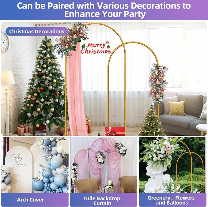 Hemmotop Gold Metal Arch Backdrop Stand Set of 2, 7.2ft and 6ft | Pieces are Labeled for Easy Assembly, Ground Stakes for Stable Base, Versatile for Wedding, Bridal Shower, Party Decoration