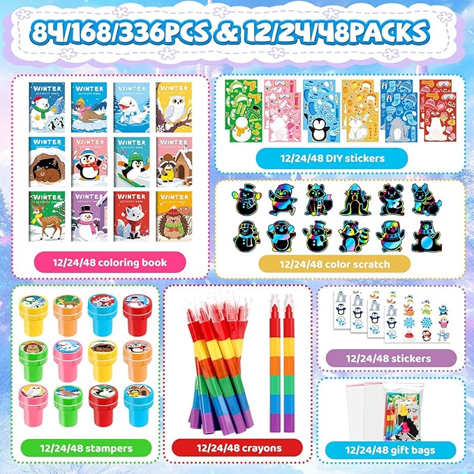 BenLouis Winter Party Favors Set Holiday Themed Coloring Book Classroom Gift Prizes Bulk for Students Kids Christmas Frozen Birthday Goodie Bag Stuffers Pinata Filler (12Set Animals)