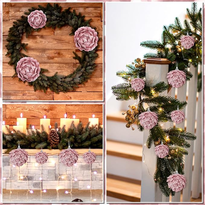 Sratte 8 Pcs Valentine Ball Ornaments Artificial Pinecone Hanging Ornaments Glitter Winter Faux Flower for Xmas Decor, 3.15/2.36 Inch(Rose Gold)