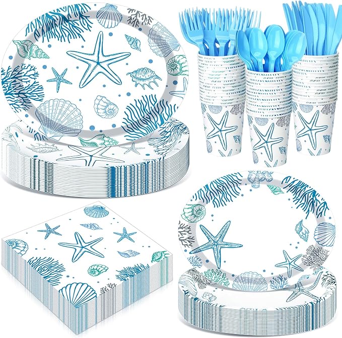 Pajean 350 Pcs Ocean Seashell Party Decorations 12 in Summer Disposable Oval Plates and Napkins Blue Coral Heavy Duty Tableware Set for 50 Guests Last Toast on The Coast Birthday Party Supplies