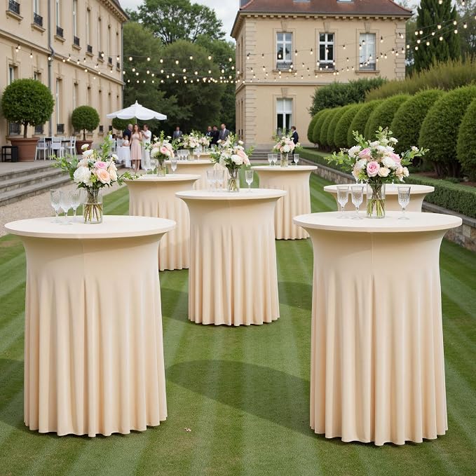 4 pk Champagne Cocktail Table Cloth Round 32×43in-High Top Highboy Bar Cocktail Tablecloths-Wrinkle Free Stretchy Fitted Spandex Table Covers with Ruffle Desk Skirt for Wedding Banquet Party Tables