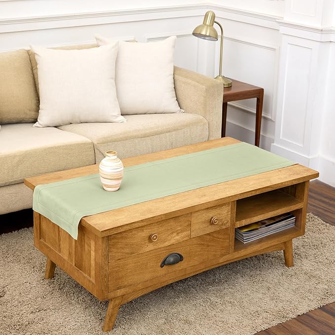 Solino Home Linen Table Runner 48 Inches - 100% Pure Linen Sage Green Hemstitch Table Runner 14 x 48 Inch Ideal for Dresser and Coffee Tables - Spring, Summer - Classic Hemstitch