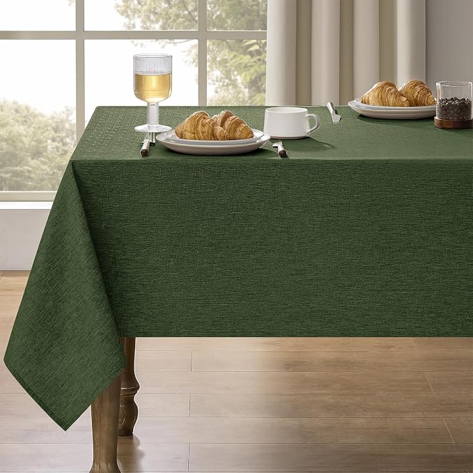 Decorelia Faux Linen Farmhouse Table Cloth 60"x104" for 6 ft Rectangle Table, Dark Green Waterproof Outdoor Washable Cloth Tablecloth for Rectangular Dining Room Kitchen Outdoor Party Restaurant Table
