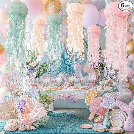 Junkin Mermaid Party Decorations Large Hanging Jellyfish Paper Lanterns 32'' Jellyfish Ornaments with Hooks Rope for Under The Sea Birthday Baby Shower Ocean Party Classroom Beach Room Decor
