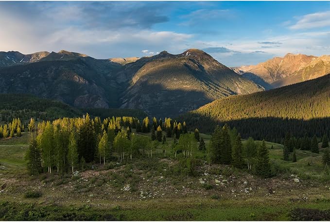 Mountain Forests Backdrop Snow-Capped Green Meadows and Trees Photography Background Sunset Alpine Scene Mountains View Natural Landscape Background Outdoor Birthday Portrait Backdrop Props 6x4ft