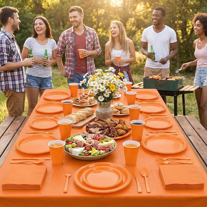352 Pcs Orange Plastic Plates Party Set, 50 Guests Disposable Dinnerware Set with Orange Tablecloths, Vibrant Orange Plastic Plates Party Set for Birthday/Halloween/Fall Party/Fiesta