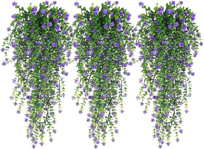 RECUTMS Vine Plant Fake Ferns Plants Large Faux Artificial Hanging Plants Wall Plants Artificial Hanging Plants Outdoors Fake Hanging Plant Greenery Vine for Outdoor Plants Decor 3 Pcs(Purple)