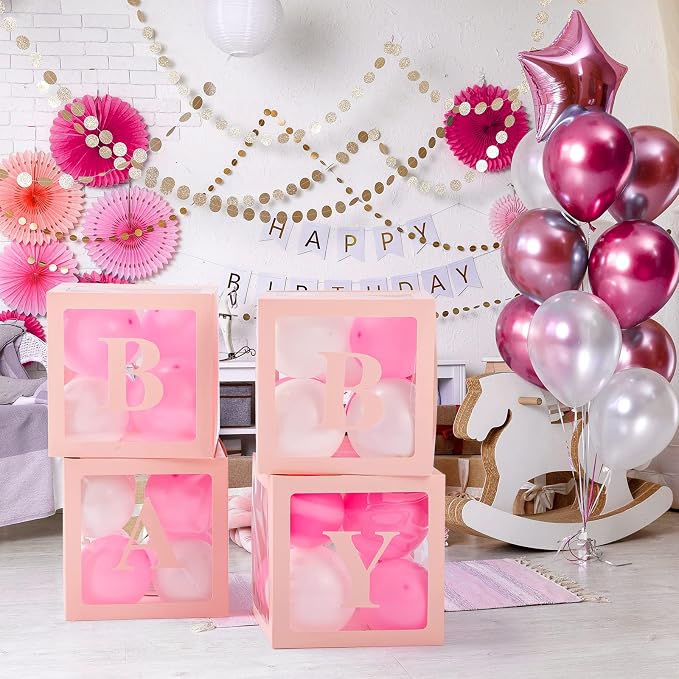 Baby Boxes with Letters for Baby Shower, Baby Shower Decorations with 4 Transparent Balloon Boxes for Girl Baby Shower Gender Reveal Decorations(Pink)