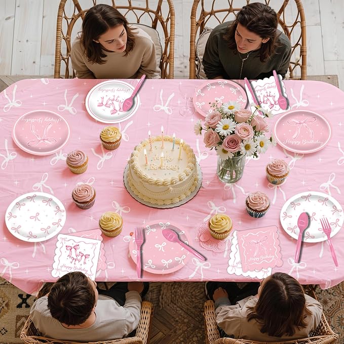 266Pcs Pink Bow Party Birthday Decorations - Party Supplies Included Foil Fringe, Banner, Tablecloth, Hanging Swirls, Cupcake Toppers, Tableware, Paper Towel, Latex and Love Heart Balloons (Pink Bow)