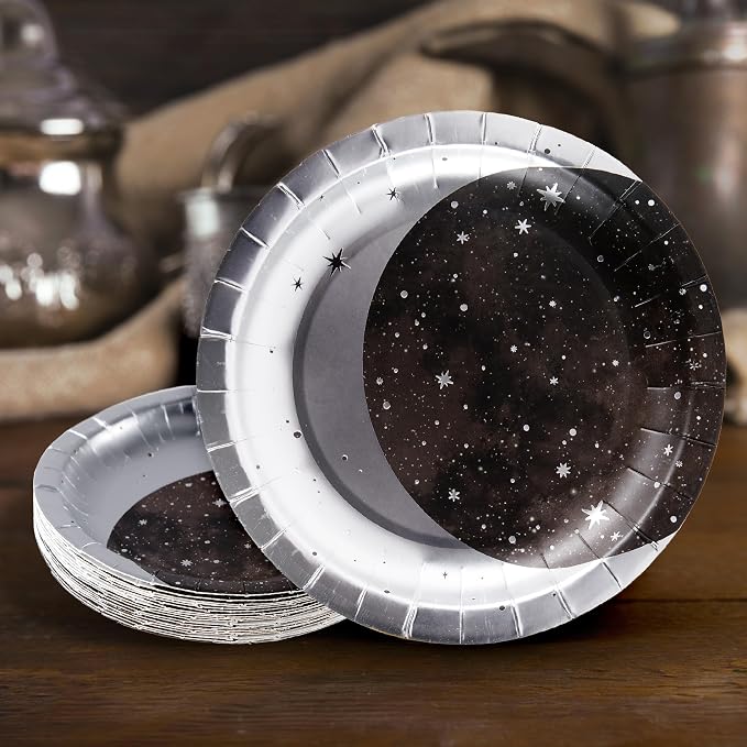 Cheerland Silver Moon Plates for Galaxy Theme Party Tableware Set Starry Night Outer Space Birthday Party Table Decorations Twinkle Twinkle Little Stars (48, Silver)
