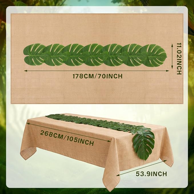 Moukeren 2 Pcs Jungle Dinosaur Party Decorations Set Artificial Palm Leaves Table Runner 70" x 11" and Large Burlap Tablecloth 105" x 53.9" Tropical Party Supplies for Birthday Jungle Hawaiian