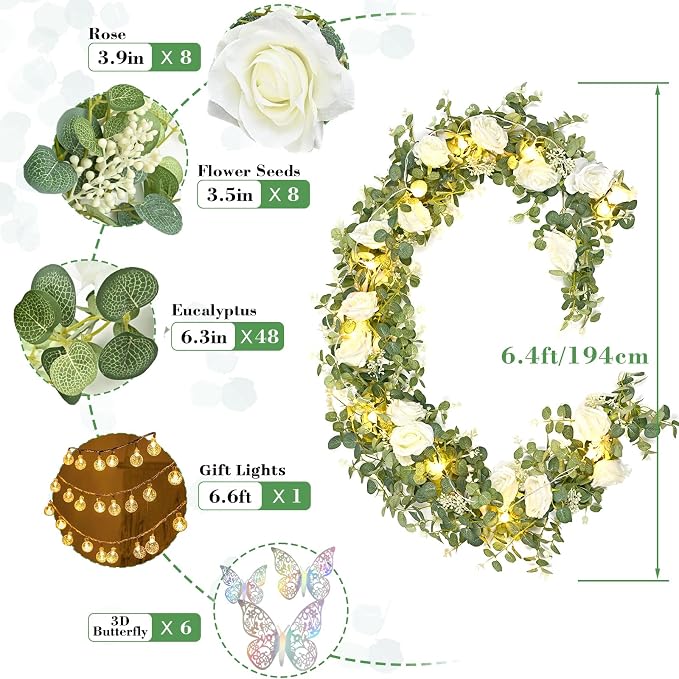 Yastouay 2 Pcs 13.1 Ft Fuller White Flower Garland with Light and 3D Butterfly, Artificial Eucalyptus Garland with Fake Rose for Table Centerpiece Wedding Arch Baby Shower Party Room Backdrop Decor