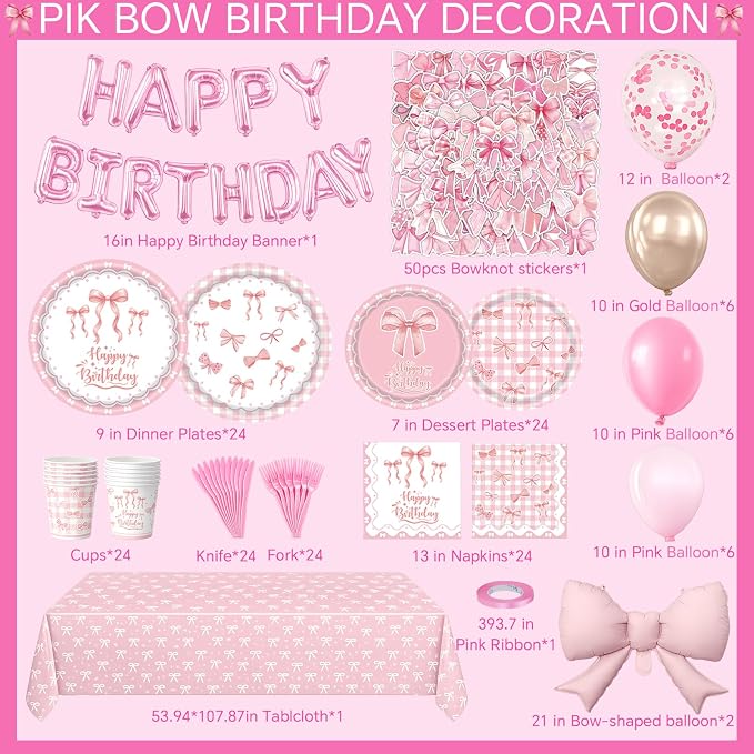 219Pcs Pink Bow Birthday Decorations, Coquette Tableware Set 24 Guests | Birthday plates and napkins, pink balloons, bow tablecloth and stickers for party supplies setup