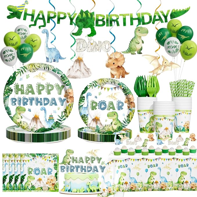 Hombae Dinosaur Birthday Decorations, Dinosaur Birthday Party Supplies with Tableware, Plates, Napkins, Hanging Swirls for Boys Dino Theme Party, Serves 24