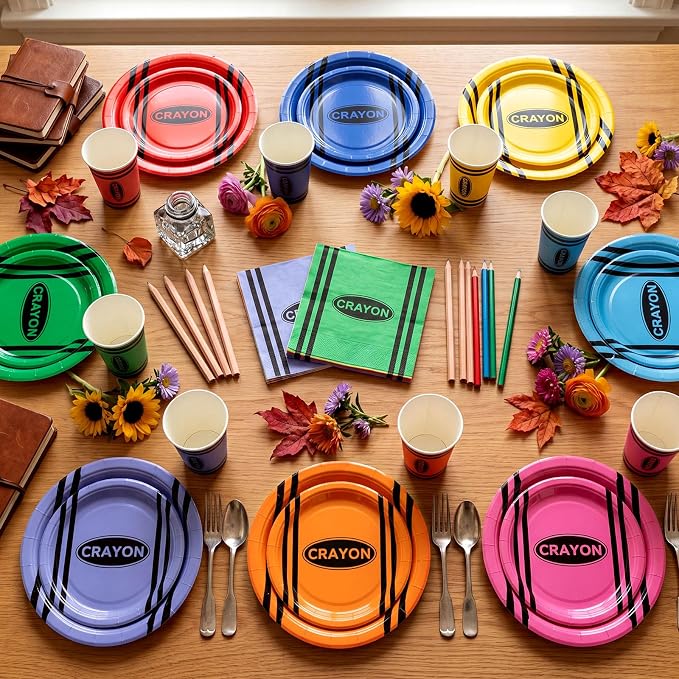 Pickmesh 250 Pcs Crayon Party Disposable Tableware Set Paper Plates and Napkins Cups Supplies Tea Party Theme Dinner Dinnerware for Birthday Bridal Baby Shower Wedding Decoration Serves 50