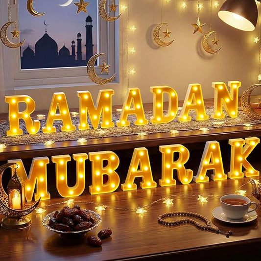Aurelema Ramadan Mubarak Large LED Lights Mirror-Effect Letter Lights Battery Powered Eid Mubarak Decorations for Party Decorations Indoor Outdoor