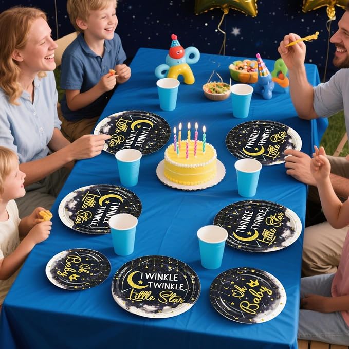 96Pcs Twinkle Twinkle Little Star Party Decoration Star Moon Baby Shower Plates and Napkins Navy Blue Gender Reveal Tableware Set for Boys Girls Baby Shower Celestial Birthday Party Supplies Serves 24