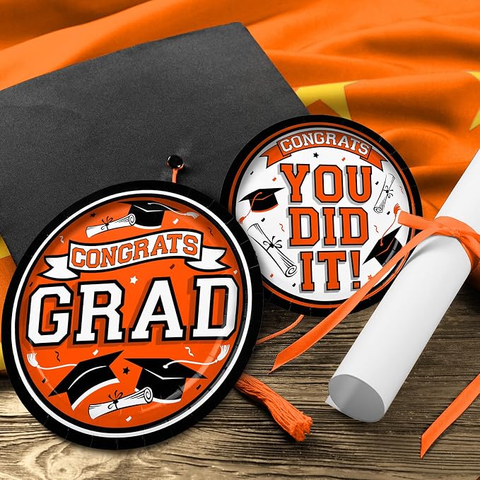 Graduation Party Supplies Dinnerware Set orange Disposable dinner paper plates dessert paper plates and Napkins for Congrats Grad Party Decorations, Serve 50