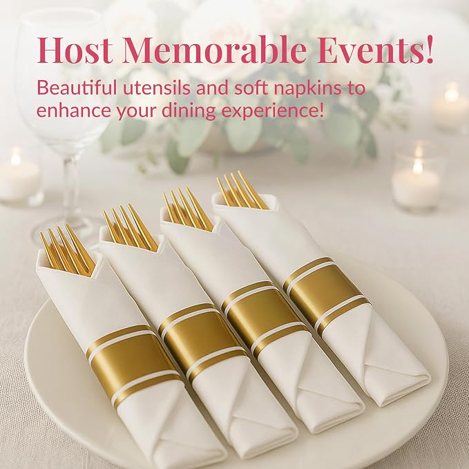 Prestee 100 Piece Gold Plastic Silverware Set - 25 Pre-Rolled Plastic Utensils Set with Forks, Knives, Spoons, and White Napkins - Fancy Disposable Flatware for Dinner Parties, Weddings, and Events