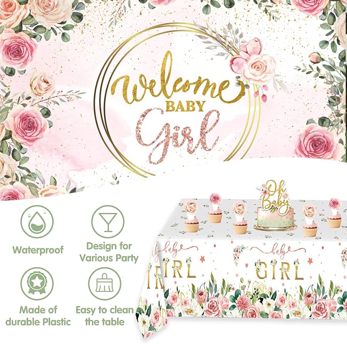 Baby in Bloom Baby Shower Decorations for Girl, Sage Green and Pink Party Supplies with 4pcs Balloon Boxes, "Welcome Baby Girl" Backdrop, Floral Tablecloth, 70pcs Balloon Garland Arch Kit