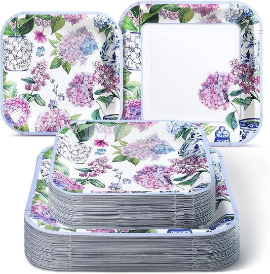Umigy 100 Pcs Paper Plates Flower Dinner 9'' Floral Disposable Paper Plates 7'' Square Dessert Set for Dinner Birthday Wedding Baby Shower Party Tableware(Soft Color,Hydrangeas)