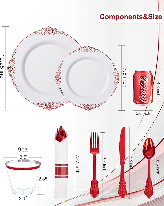 Nervure 175PCS Red Plastic Plates - White Red Plastic Dinnerware Sets for 25 Guests - 50 Red Disposable Plates, 25 Pre Rolled Cutlery Set, 25 Cups Perfect for Wedding, Party & Mother's Day