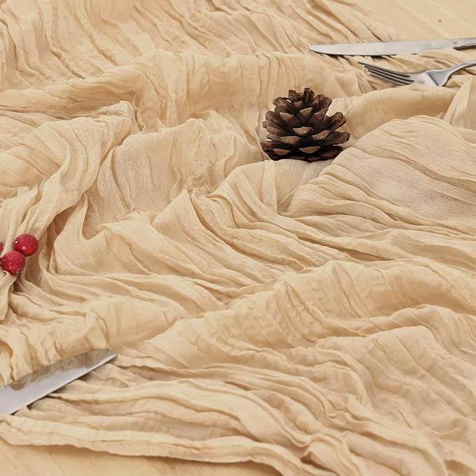3 Pack Sand Cheesecloth Table Runner 120 Inch 10FT Cheese Cloth Fabric Beige Runners for Wedding Decoration, Boho Decor, Retro Decoration