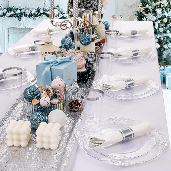 Morejoy 350PCS Clear Silver Plastic Plates - Silver Disposable Plates sets Include 50 Dinner Plates,50 Salad Plates,50 Forks,50 Knives, 50 Spoons，50 Cups, 50 Rolled Napkins for Wedding & Christmas