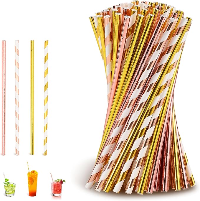 Biodegradable Paper Straws Disposable 100 Rose Gold Striped Drinking Straws for Birthday, Anniversary, Wedding, Holiday Celebrations, Party Decor, Bridal Shower Party Favor and Supplies
