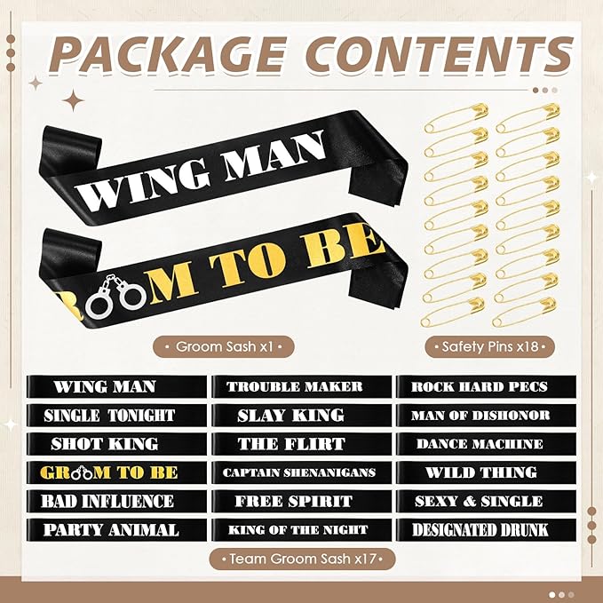 Daifunli 18 Pack Funny Bachelor Party Sashes Groomsmen Team Groom Sash Groom to Be Decorations for Bachelor Bachelorette Party Favors Accessories Gifts