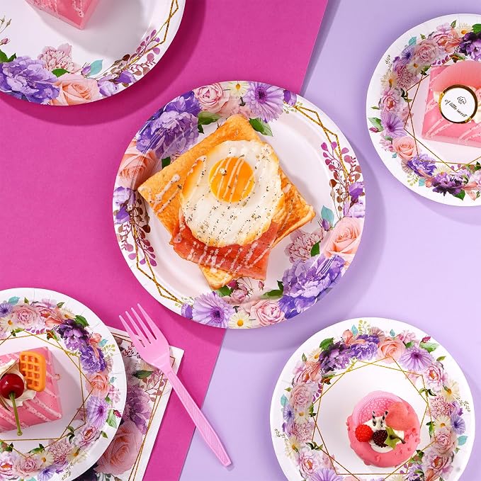 Grencian 96Pcs Spring Floral Party Supplies Pink Purple Flowers Paper Plates and Napkins Disposable Spring Floral Tableware Set for Tea Party Wedding Bridal Shower Baby Shower, Serves 24