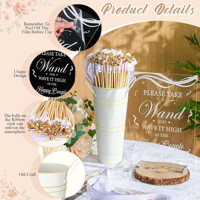 Reallnaive 103 Pcs Wedding Ribbon Stick Wand with Metal Buckets and Acrylic Sign, Party Magic Fairy Wand with White Lace Ribbon and Gold Bells for Wedding Party Favor Decor