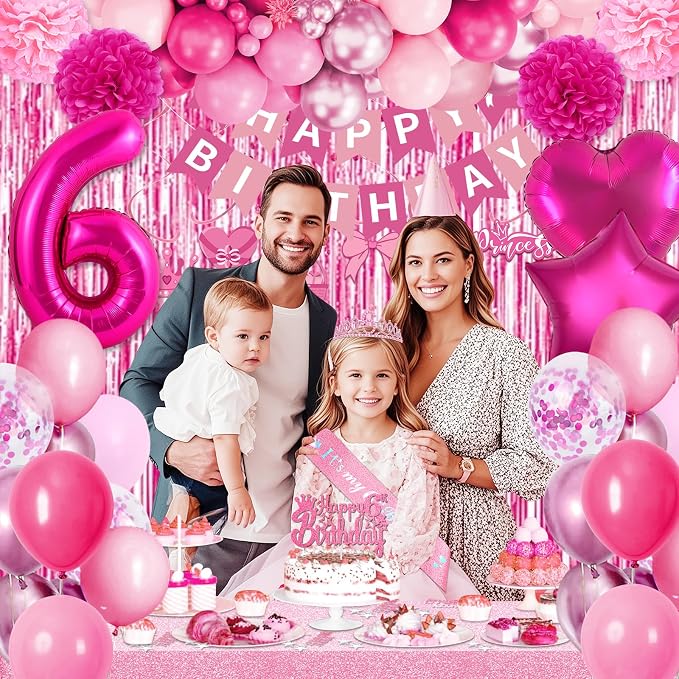 6th Birthday Decorations for Girls, Pink Party Decorations with Number 6 Balloon Happy Birthday Banner Bday Sash Crown Tablecloth Fringe Curtain Hanging Swirl for 6 Year Old Girl Bday Decor