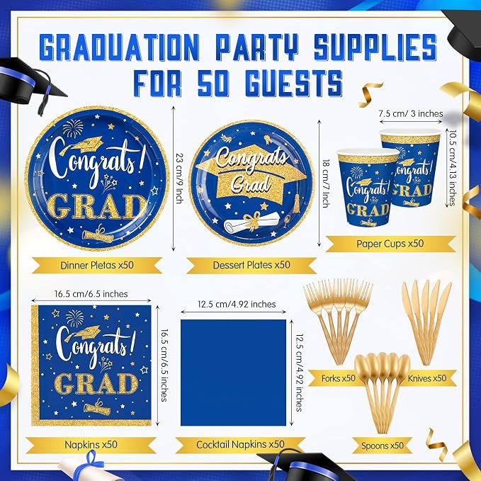 Domensi 400 Pcs 2026 Graduation Decorations Plates and Napkins and Cups Set Serve 50, Blue and Gold Graduation Party Supplies, Class of 2026 Paper Tableware 9oz Cup Knife Fork Spoon Congrats Grad
