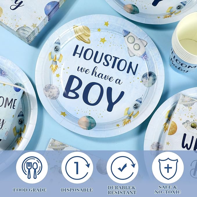 Hushee 200 Pcs Outer Space Baby Shower Paper Plates Napkins Cups Baby Shower Party Supplies Tableware Set Disposable Cup Napkin for 50 Guest Party Decoration