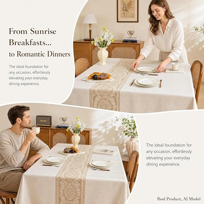 Nordic Beige Linen Tablecloth, Heavy-Duty Rectangle Cover | Spill-Resistant & Wrinkle Free Elegant Drape Table Protector for Kitchen Dining Room Party Decor